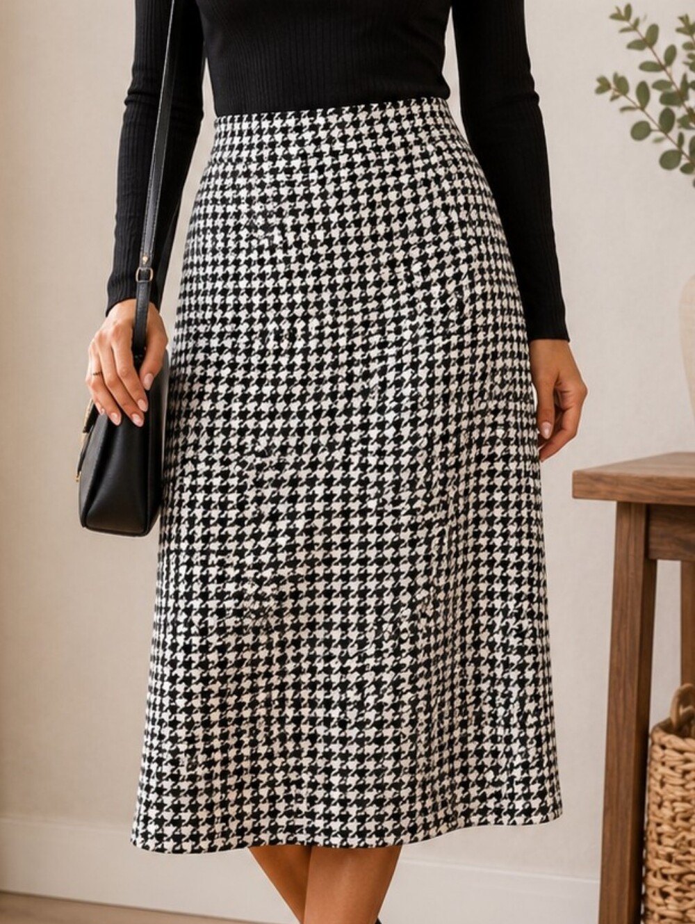 Classic Black and White Houndstooth Knit Midi Skirt